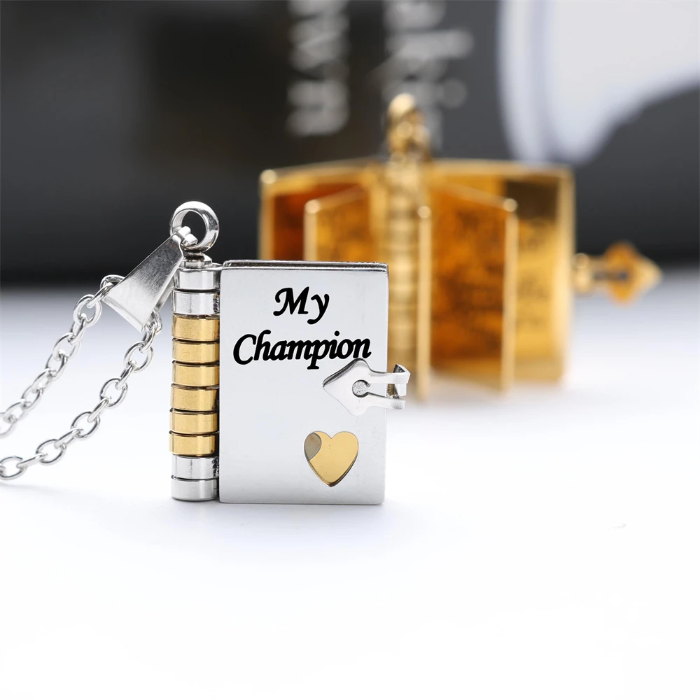 Collar de libro de mi campeón para hijo, collares de libro que se pueden abrir con mensaje grabado de 6 páginas, joyería de acero inoxidable para niño y hombre, regalo de cumpleaños