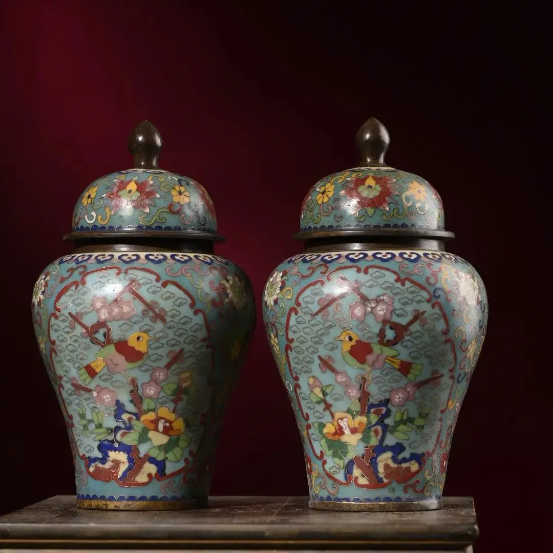 

10"Tibetan Temple Collection Old Bronze Cloisonne Enamel Magpie Plum Blossom Pattern General's jar Treasure jar A Pair