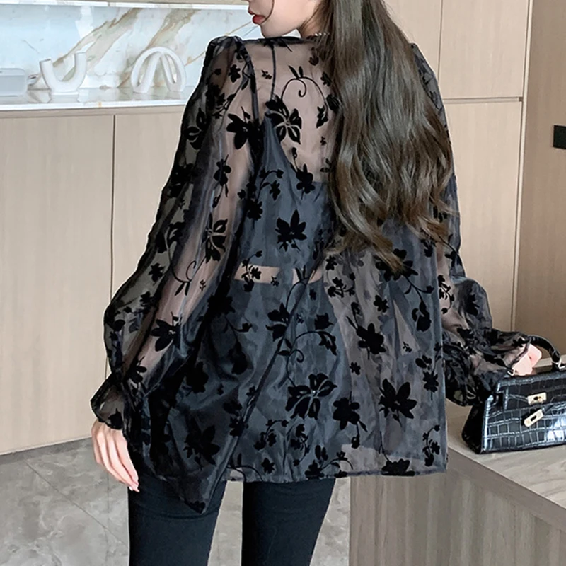 French lace mesh long sleeved shirt for women's summer new design, Korean versatile sun protection cardigan top