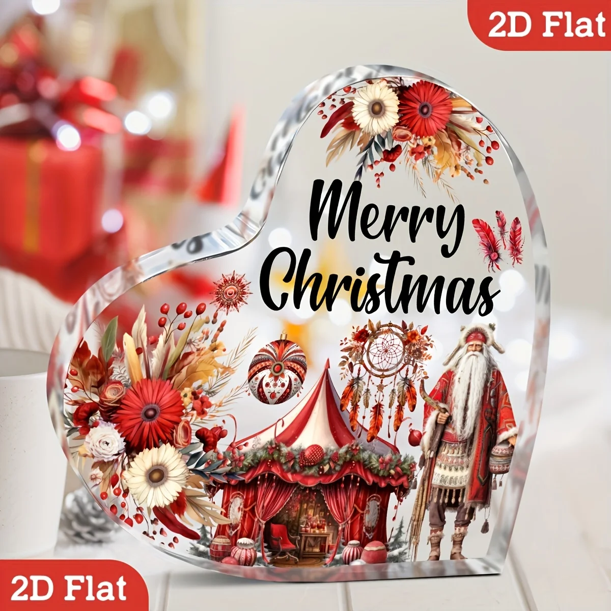 Merry Christmas Heart‑Shaped Acrylic Tabletop Plaque, Boho Santa Floral Tent Dreamcatcher Holiday Desk Decor