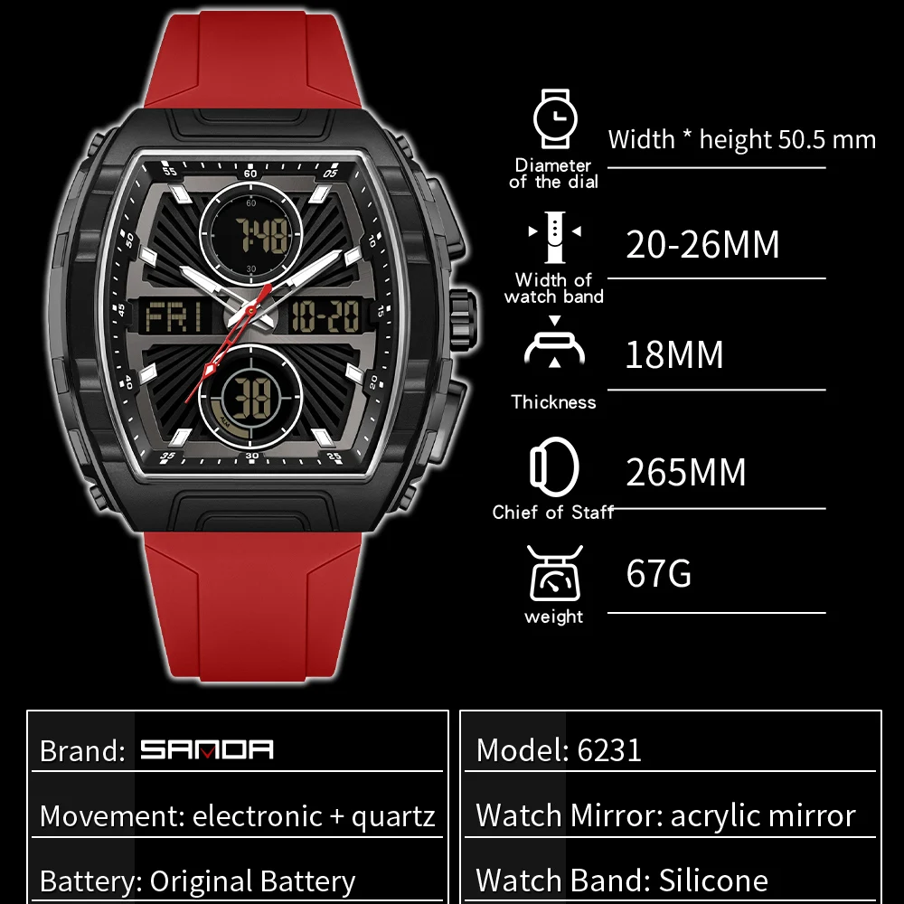 SANDA العلامة التجارية المزدوج عرض ساعة اليد الرجال الرقمية مقاوم للماء ساعة مضيئة للرجل موضة الرياضة ساعة تنبيه الساعات الذكور #4