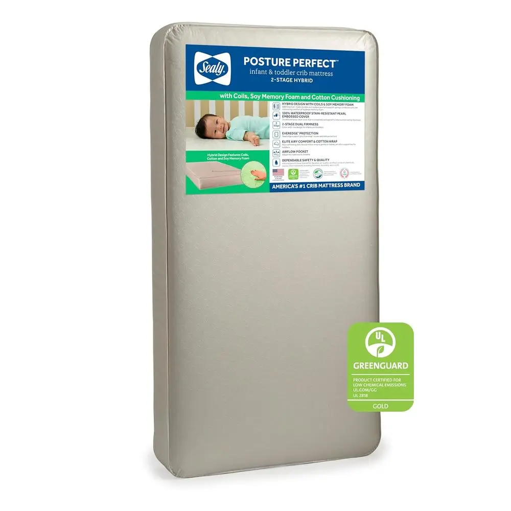 

Дышащий матрас для детской кроватки Posture Perfect, сертифицирован GREENGUARD Gold, сделано в США, 2-слойный гибридный матрас с памятью формы и 150 премиальными пружинами, для малышей