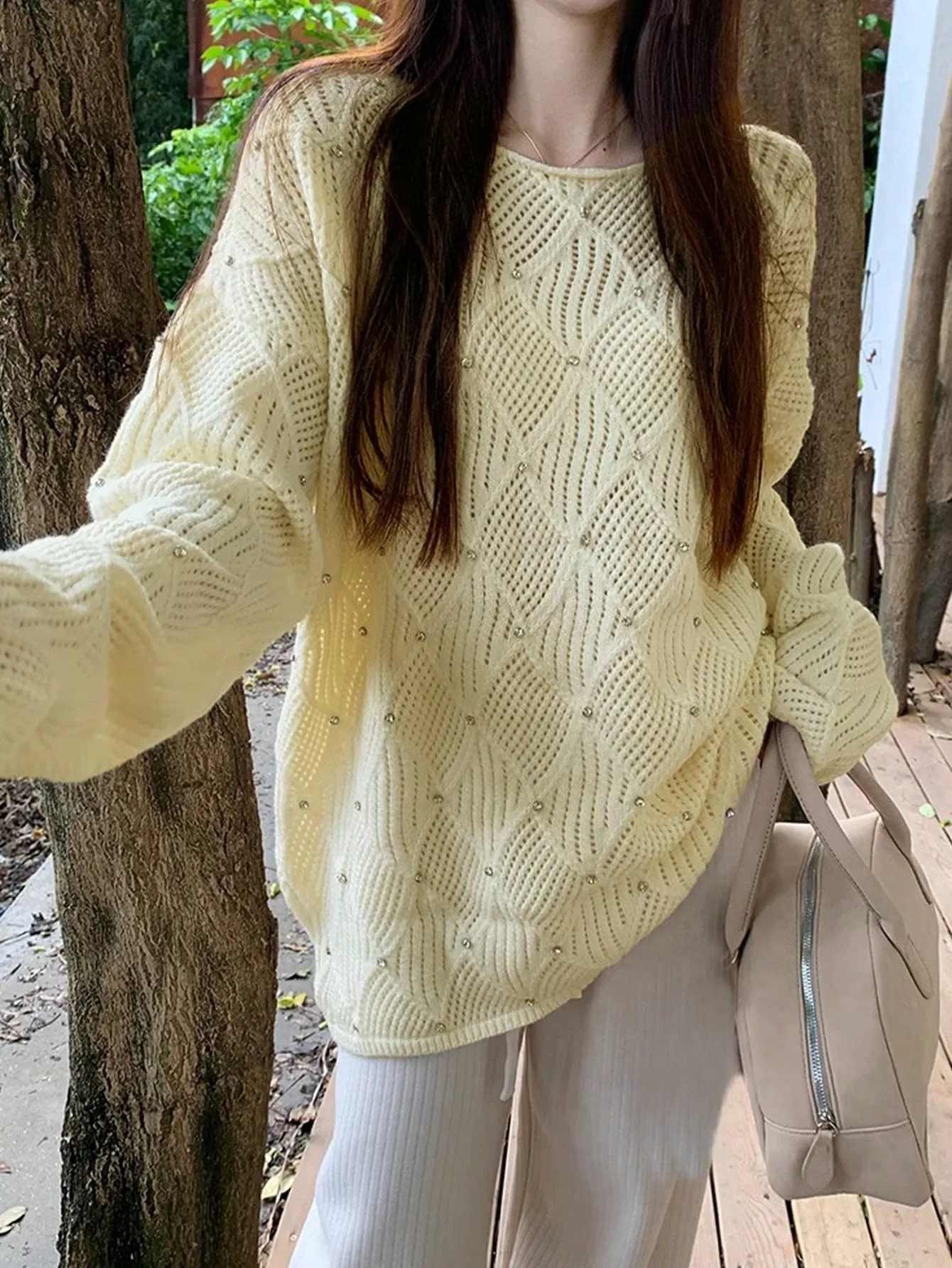 

Korean Chic Lazy Style Cut Out Long-Sleeved Studio Women's Summer Design Heavy Industry Diamond Loose Outer Top