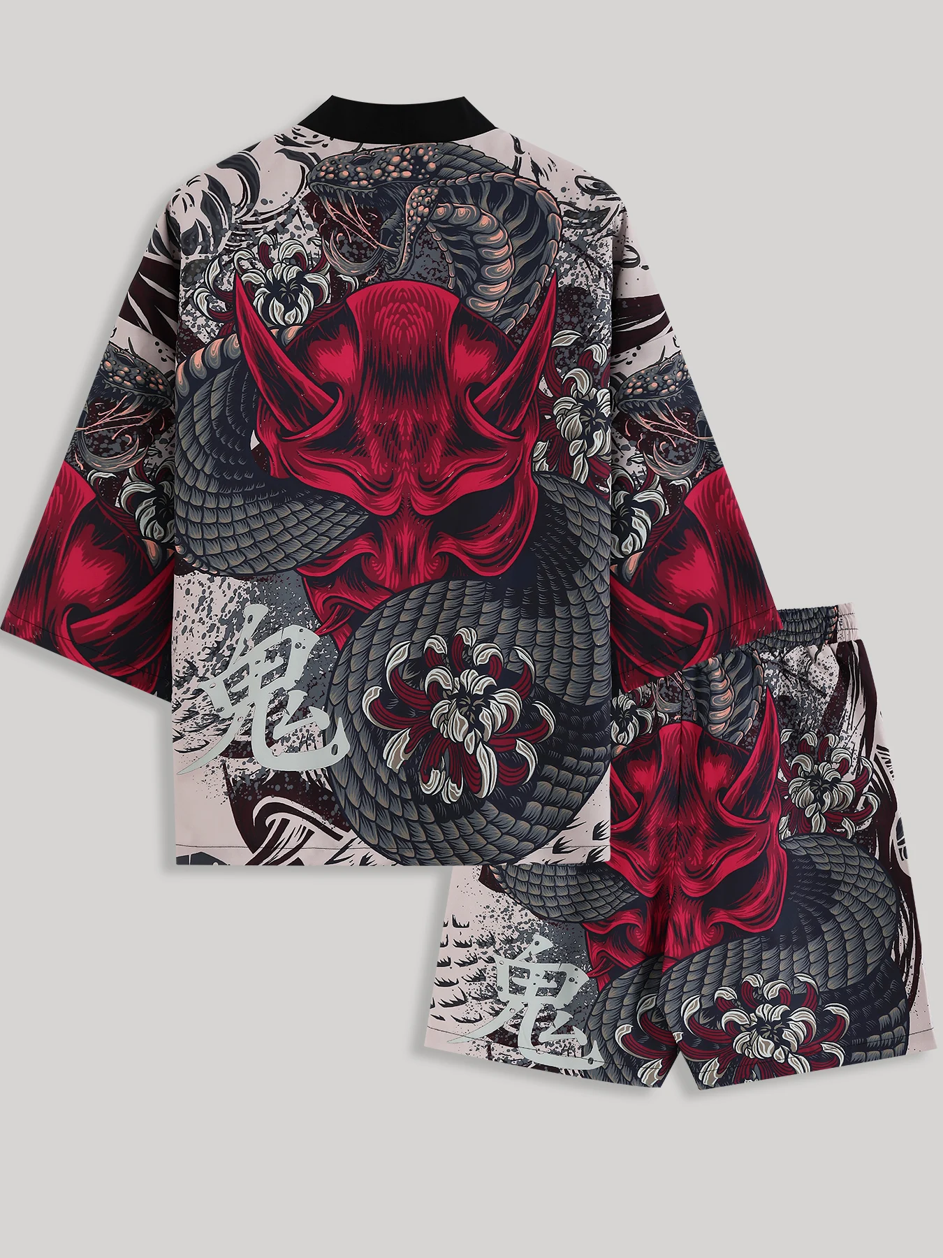 Men's Japanese Oni Mask Ukiyo-E Print Kimono Cardigan & Shorts Set Loose Casual 2 Piece Outfit