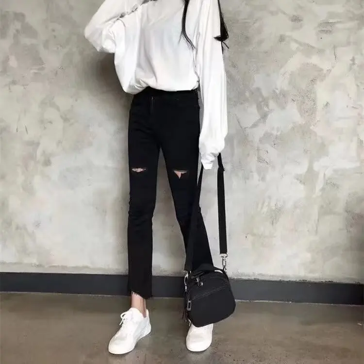 

High Waist Slim Fit Black Denim Jeans Women's Spring Autumn Knee Hole Nine Points Elastic Pant High Cotton Stretch Zipper Clo...