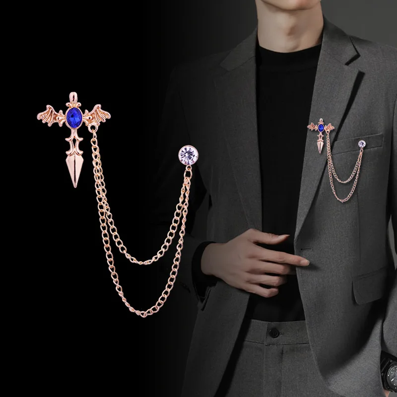 

Корейская брошь-значок со стразами для женщин и мужчин, с цепочкой и кисточкой, для воротника рубашки, модный ювелирный аксессуар