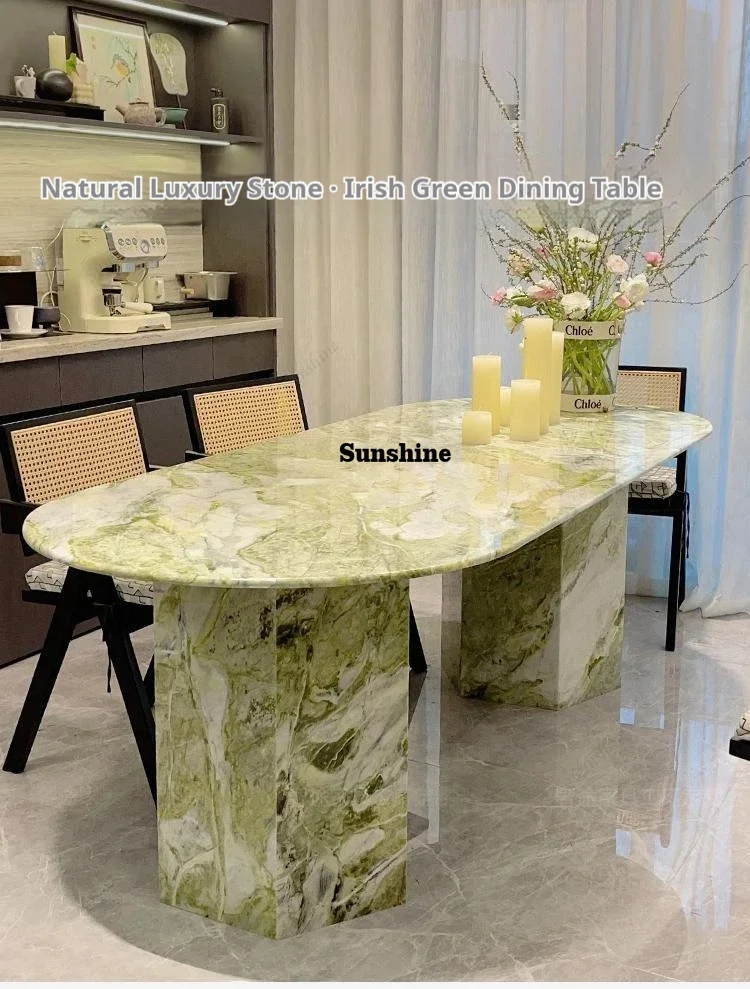 

Irish Green Stone Dining Table, Swan Lake Marble Oval Design, Heat & Scratch Resistant, Master Designer Luxury, Customizable FT
