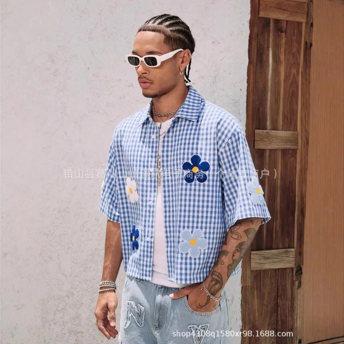 

Summer Women's Clothing Blue White Checkered Short Sleeve Shirt Casual Streetwear Top Polyester Slim Fit Button Down Blouse