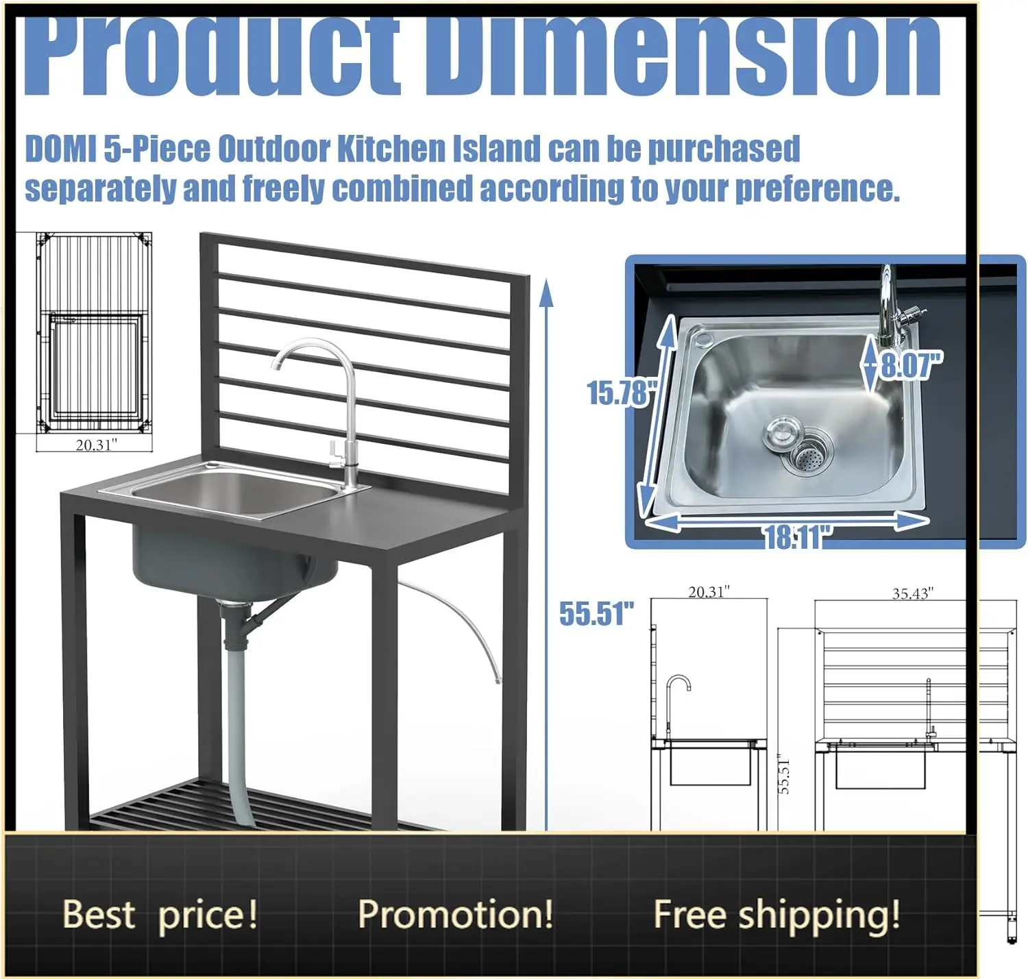 

Domi Outdoor Kitchen Island with Storage, Aluminum Kitchen Island Stainless Steel Outdoor Sink w/Faucet & Drainboard, Freestandi