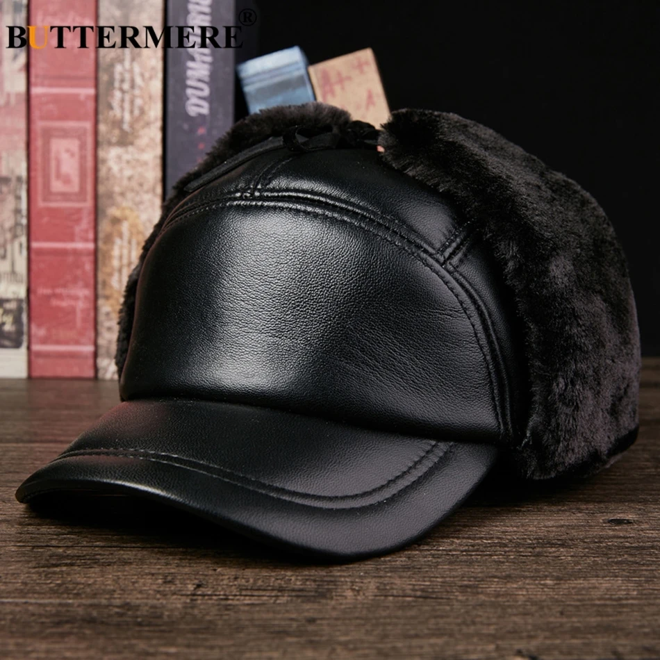 Boutere bombardeiro chapéu de couro preto masculino ushanka chapéus com earflap mais grosso chapéus russos inverno quente couro genuíno masculino bonés de pele