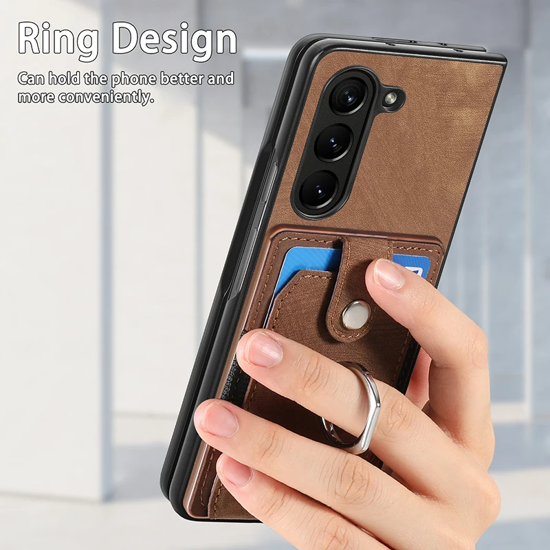 for Samsung Galaxy Z Fold 5 4 3 Phone Case PU Leather Metal Ring Stand Cards Cover Soft Shell Anti-fall Anti-Fingerprint Fundas