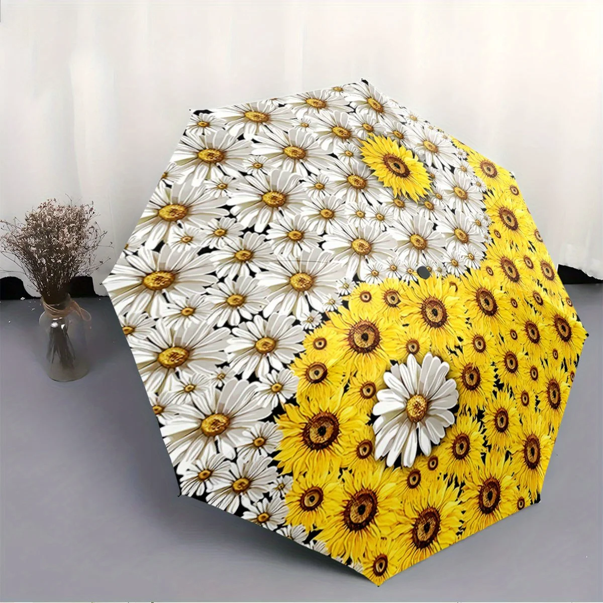 

Автоматический открывающийся/закрывающийся складной зонт с белой ромашкой и желтым подсолнухом Инь-Ян — всепогодный ветрозащитный компакт с 8 полосками