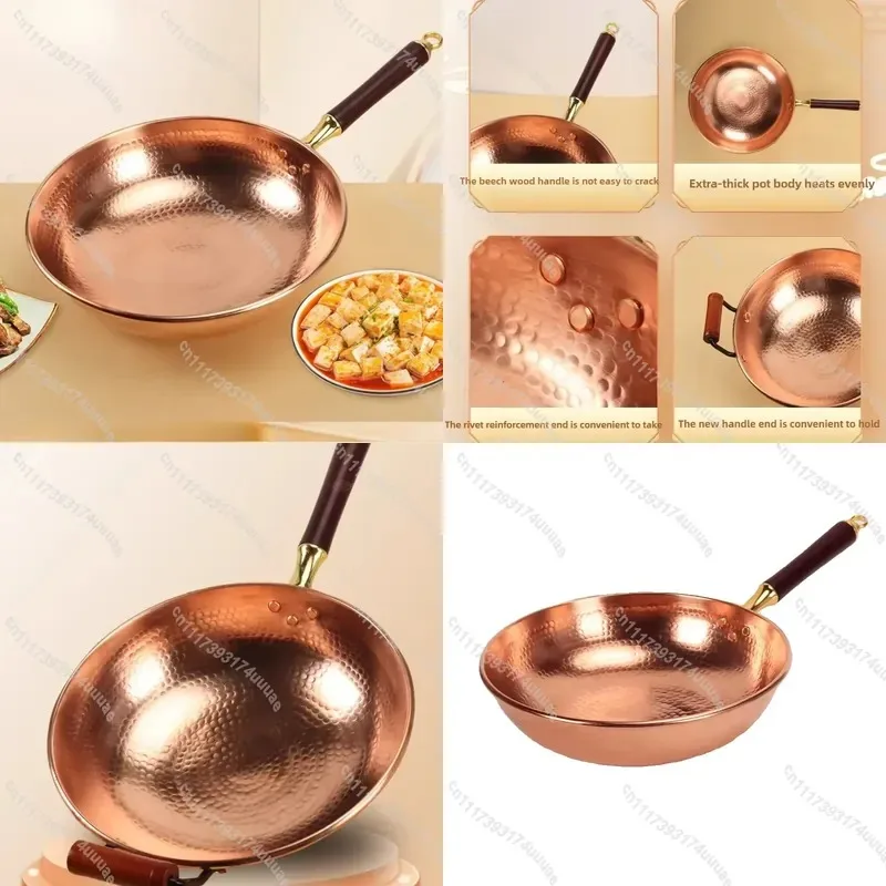Hand Forged Pure Copper Wok Non Stick Coating Free Ergonomic Handle Cooking Pan for Home and Commercial Kitchen Use