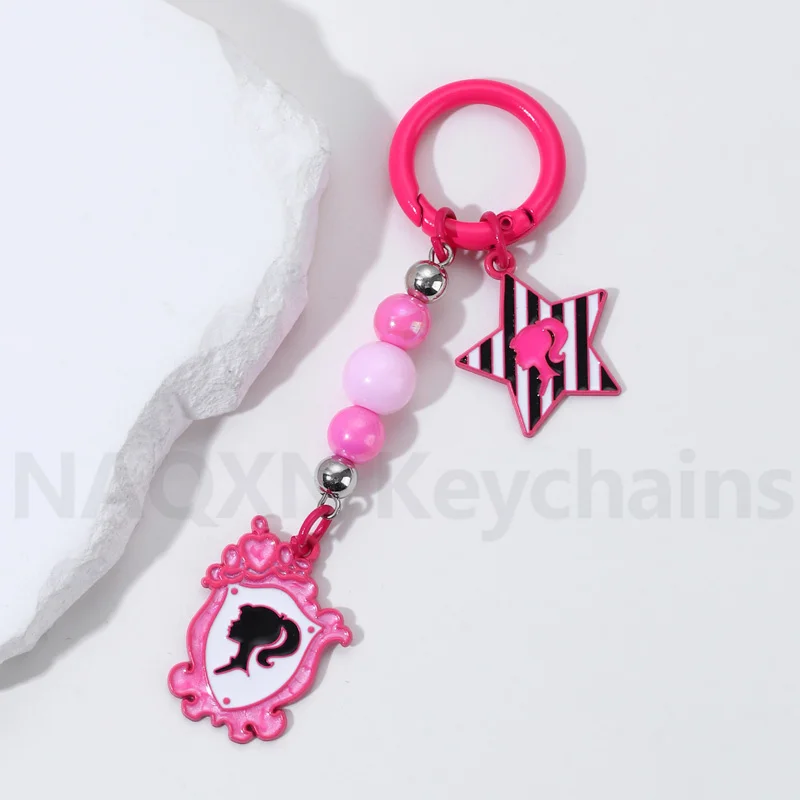 Y2K Pretty Barbie Star Mirror Keychain Pink Black Bead Key Ring For Women Girls Princess Dream Friend Good Gift Handmade Jewelry