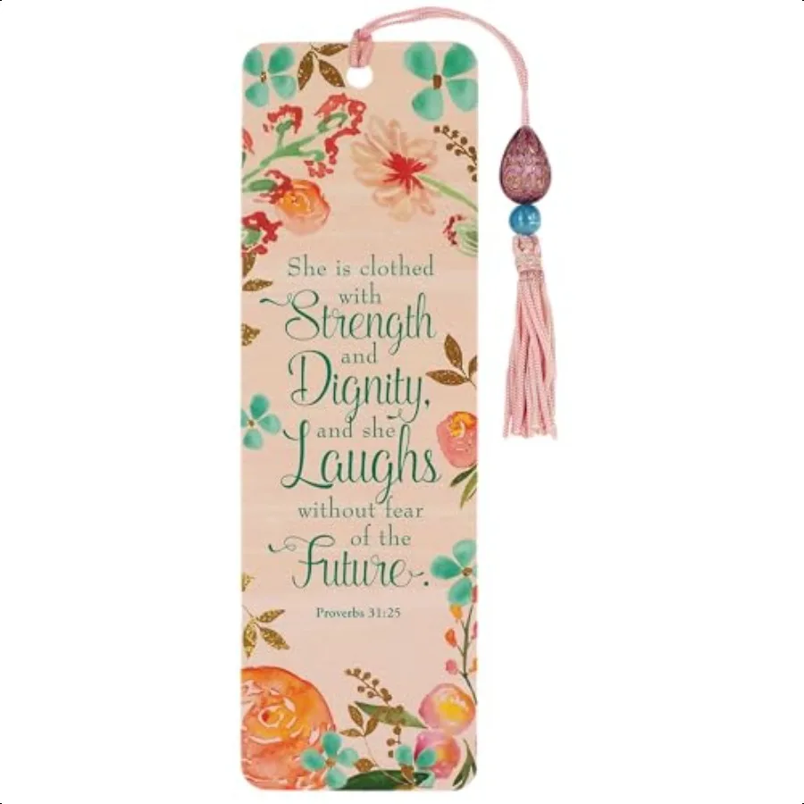 Sie ist mit Stärke- und Würdeperlen-Lesezeichen gekleidet