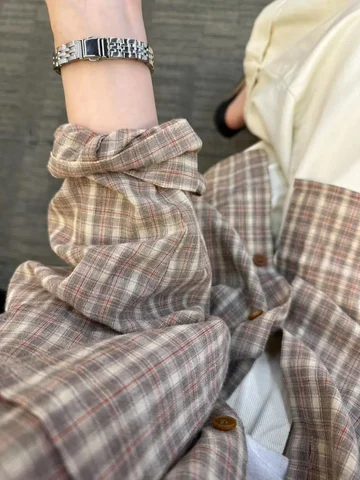 체크무늬 셔츠 통근 한국 스타일 루즈핏 긴팔 여성용 순면 루즈핏 셔츠 루즈핏 셔츠 루즈핏 긴팔 여성용 셔츠 셔츠