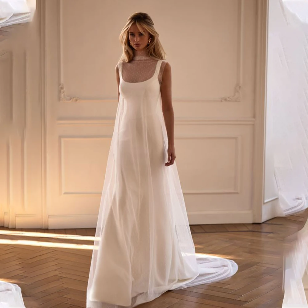 

New Two Wide Strapps Satin Sheath/Mermaid Wedding Dresses With An ethereal turtleneck sleeveless illusion cover dress made from