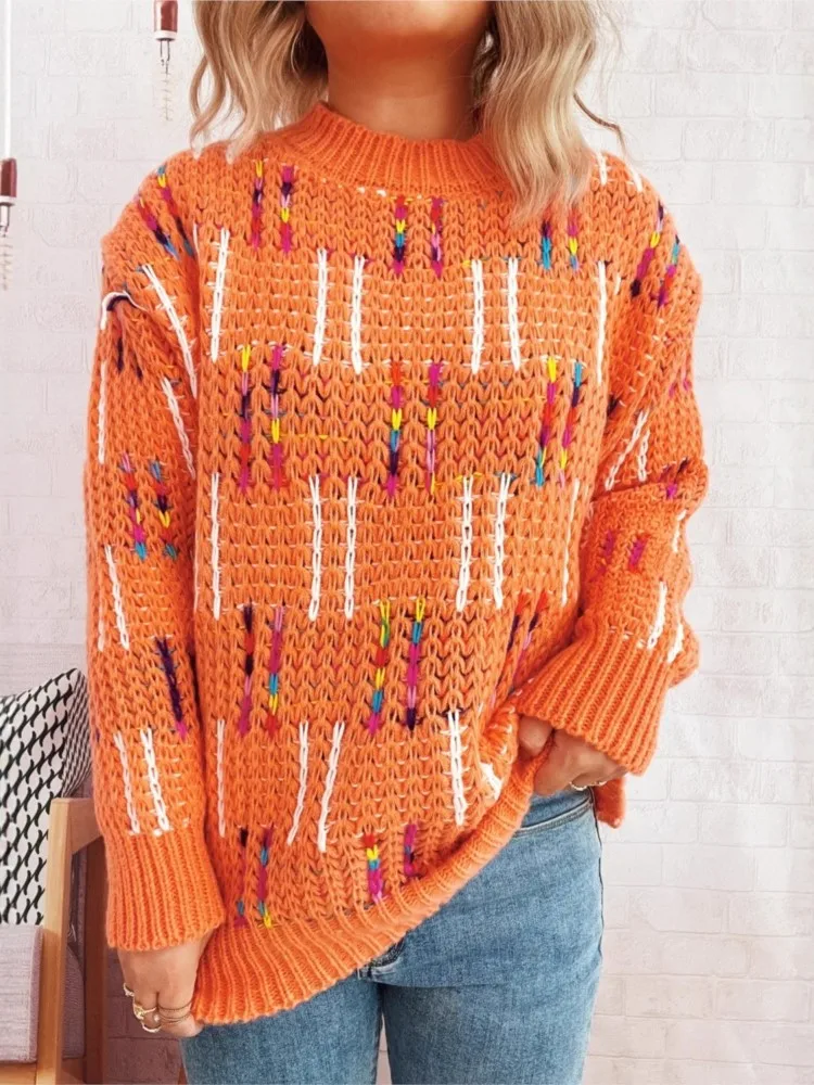 Осень и зима, новый красочный полосатый клетчатый контрастный милый стильный вязаный пуловер, женский повседневный свитер с круглым вырезом и длинными рукавами