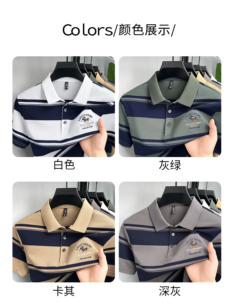 Luxuriöses Sommer-Herren-Poloshirt mit Kurzen Ärmeln, Kragen und Knöpfen, Hochwertige Stickerei, Modische Streifen, Atmungsaktive Herrenkleidung – Detail 10