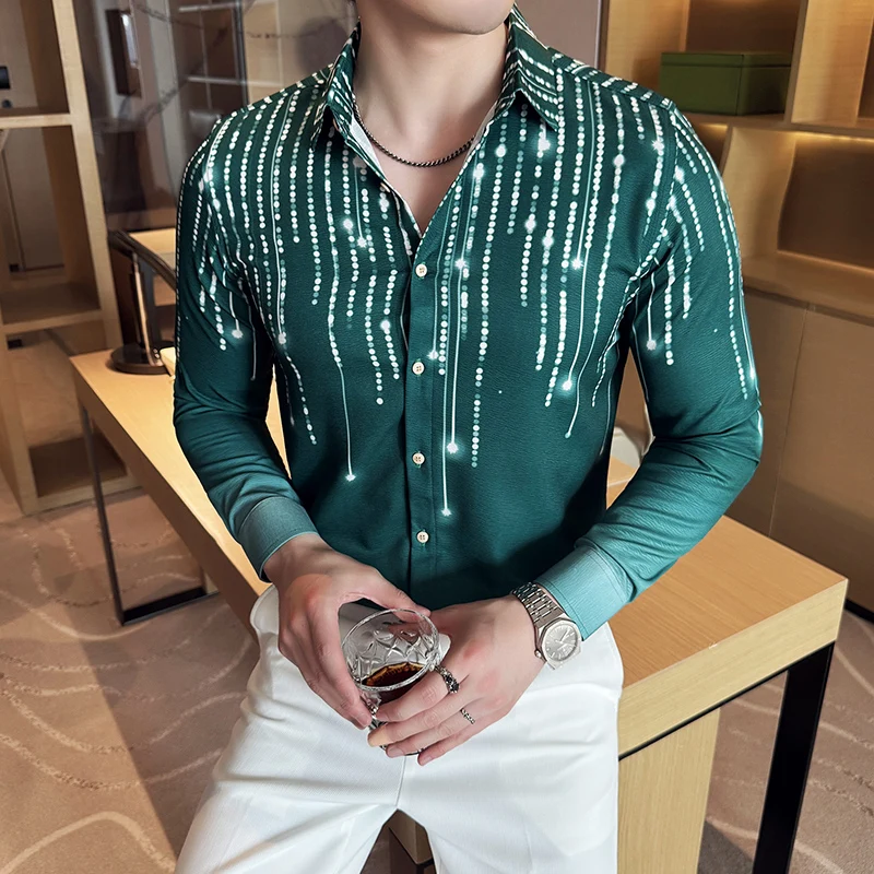 

High Quality Striped Printed Men's Shirt Long Sleeve Slim Fit Casual Shirts Fashion Social Party Tuxedo Blouse Men Clothing 2025