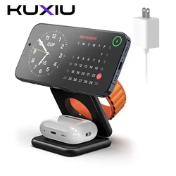 KUXIU 3 In 1 Foldable Magnetic Wireless Charger Stand For iPhone15 14 13Pro/Max/Plus, AirPods 3, iWatch Dock Fast Charger Holder