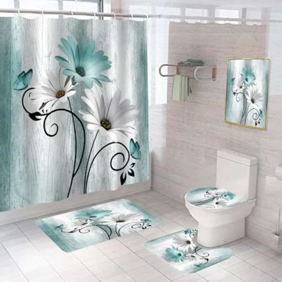 

Onalasyc 5Pcs Teal Daisy Sower Curtain t Wall Painting atroom ts wit Sower Curtain and Rugs Daisy atroom Wall Art Decor Paintin