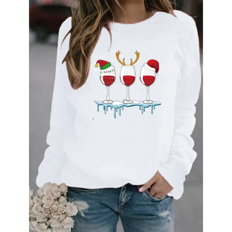 Christmas New Crew-neck Long-sleeved Pullover Casual Christmas Wine Cup Printed Fleece Hoodie Sweatshirt  Streetwear Women