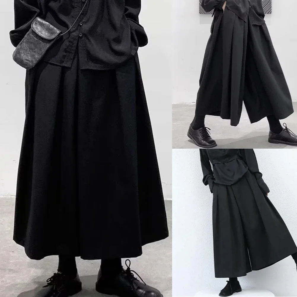 Mens Wide Leg Pants Gothic Dark Style Loose Cropped Hakama High Waisted Nine Point Straight Leg Pants For Samurai Pants