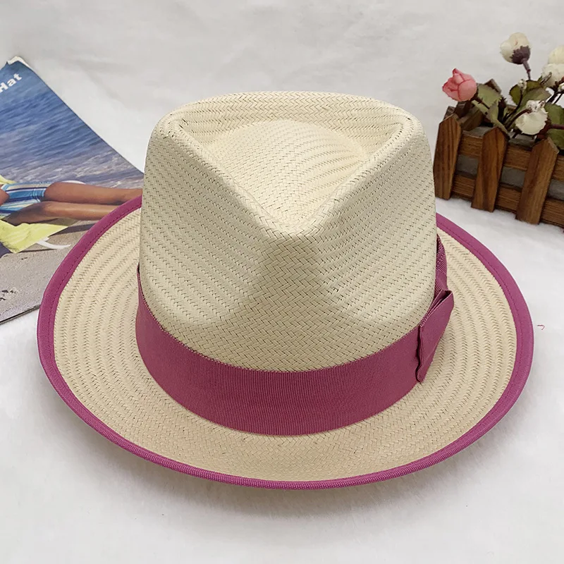 men hat straw fedora Women\'s Handmade Woven Sunshade Jazz Straw Hat with Summer Hat Binding and Color Matching Design