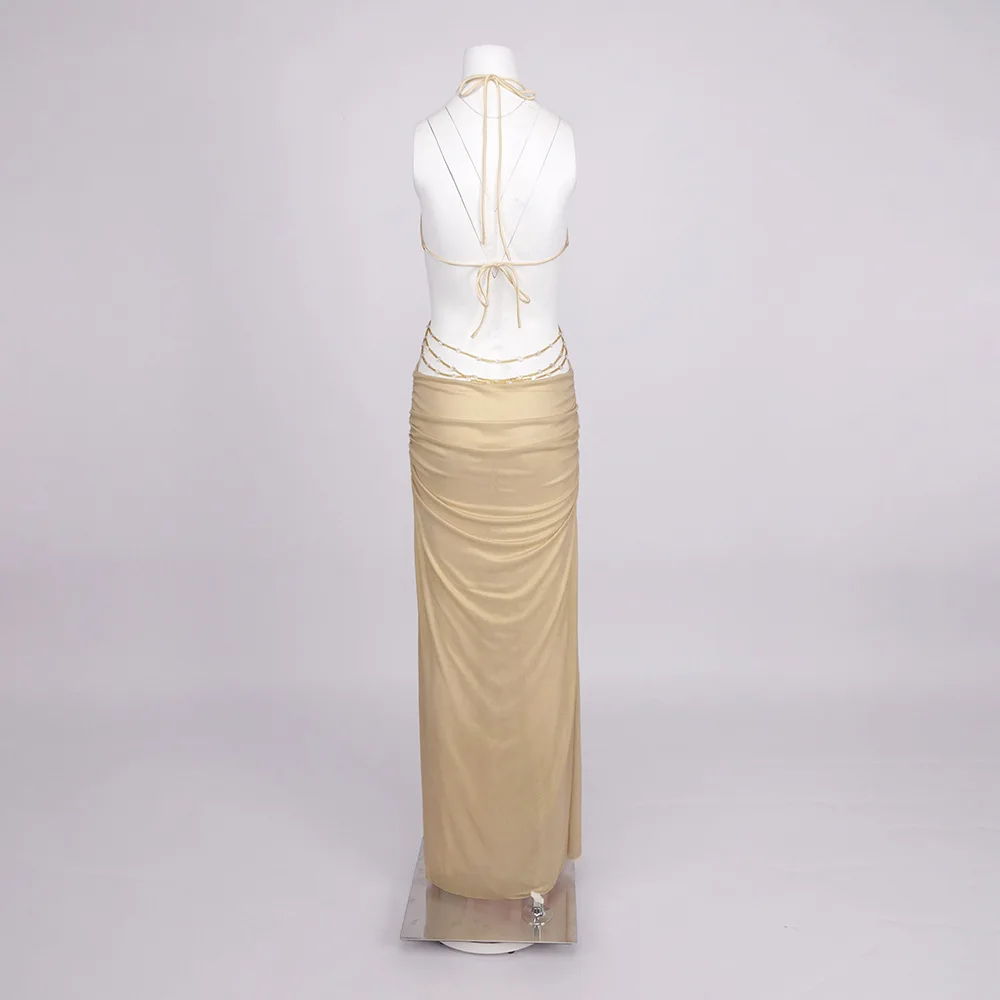 시크한 라이트 골드 컷아웃 맥시 드레스 통기성 메쉬 주름 홀터 롱 드레스 여성용 섹시 나이트 클럽 생일 파티 선 드레스