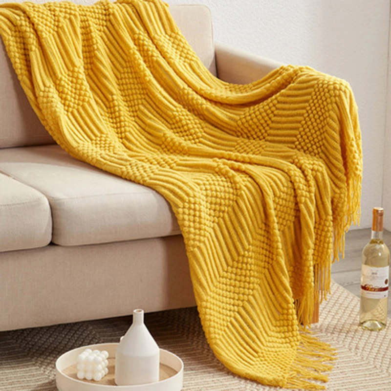 3D Knitted Blanket With Tassel Solid Color Sofa Blanket Cover Nordic Home Decor Throw Blanket For Bed Portable Breathable Shawl