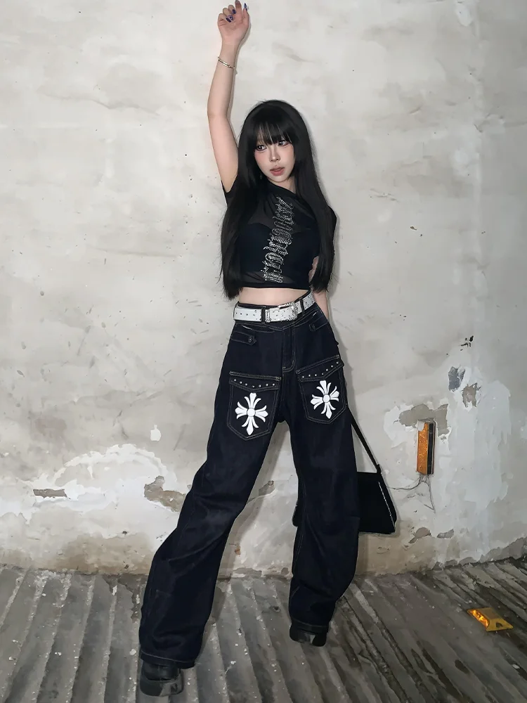 Large Size American High Street Printed Trendy Straight Leg Jeans Women Design Sense Rivet Splicing Loose Casual Versatile Pants