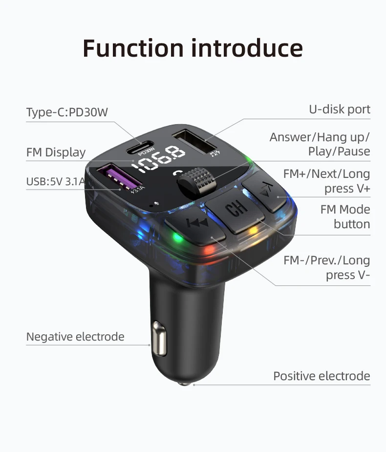 30W Fast Charging One Drag Three 2USB+1PD Type C Car FM Bluetooth 5.3 Transmitter Charger Handsfree Call Adapte MP3 Music Player