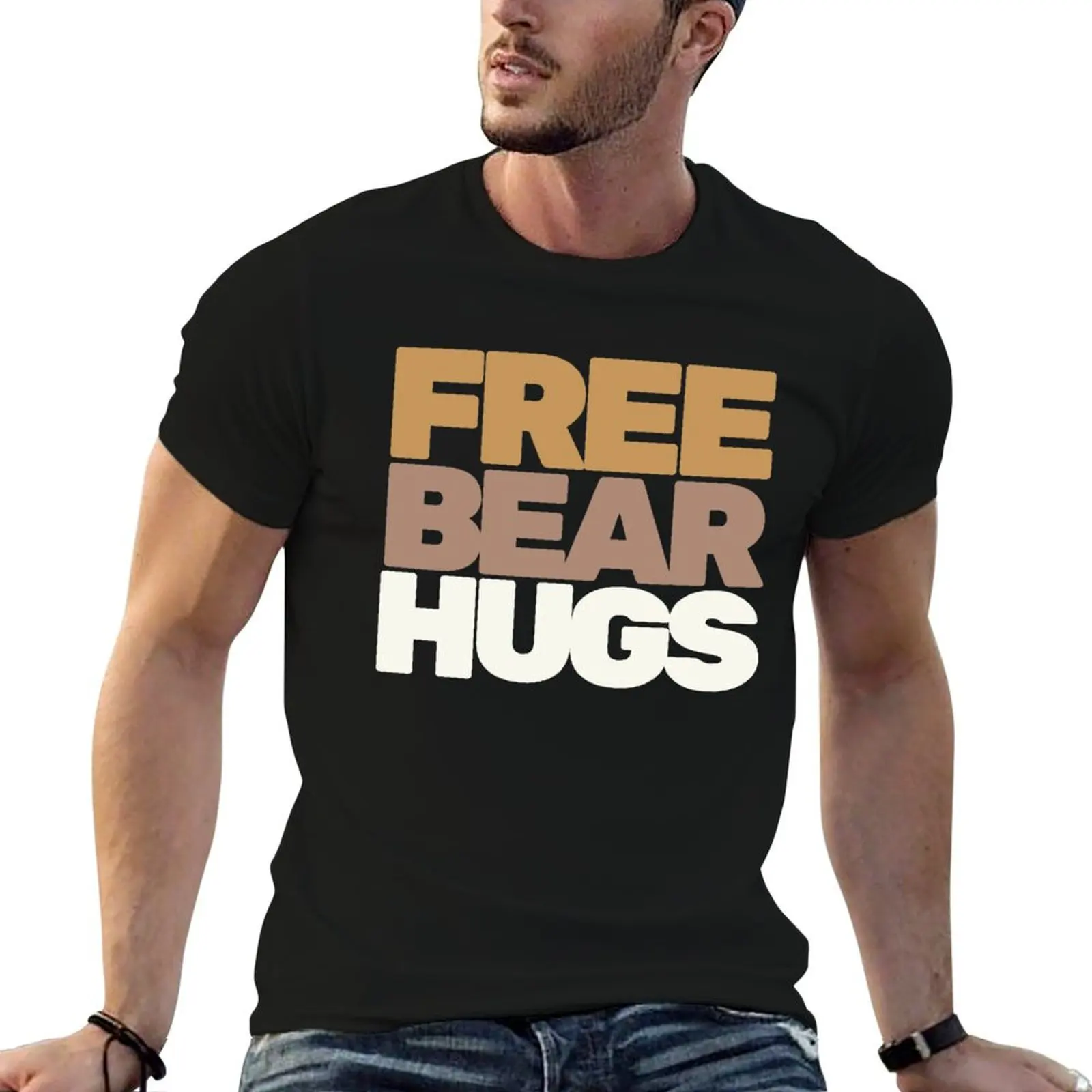 Free Bear Hugs Funny LGBT Pride Typography T-Shirt Basic Casual Wear Short Sleeve Top