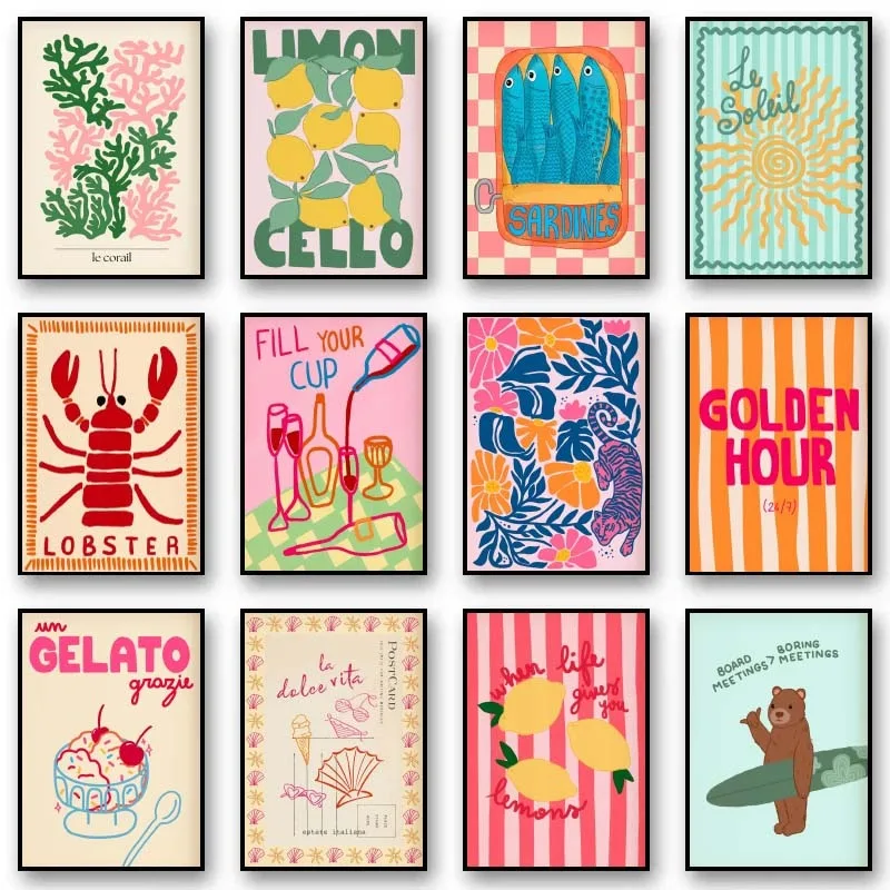 Tropical Preppy Poster Seashell Beach Summer Poster Print Wine Lobster Canvas Art Pictures Home for Living Room Modern Decor