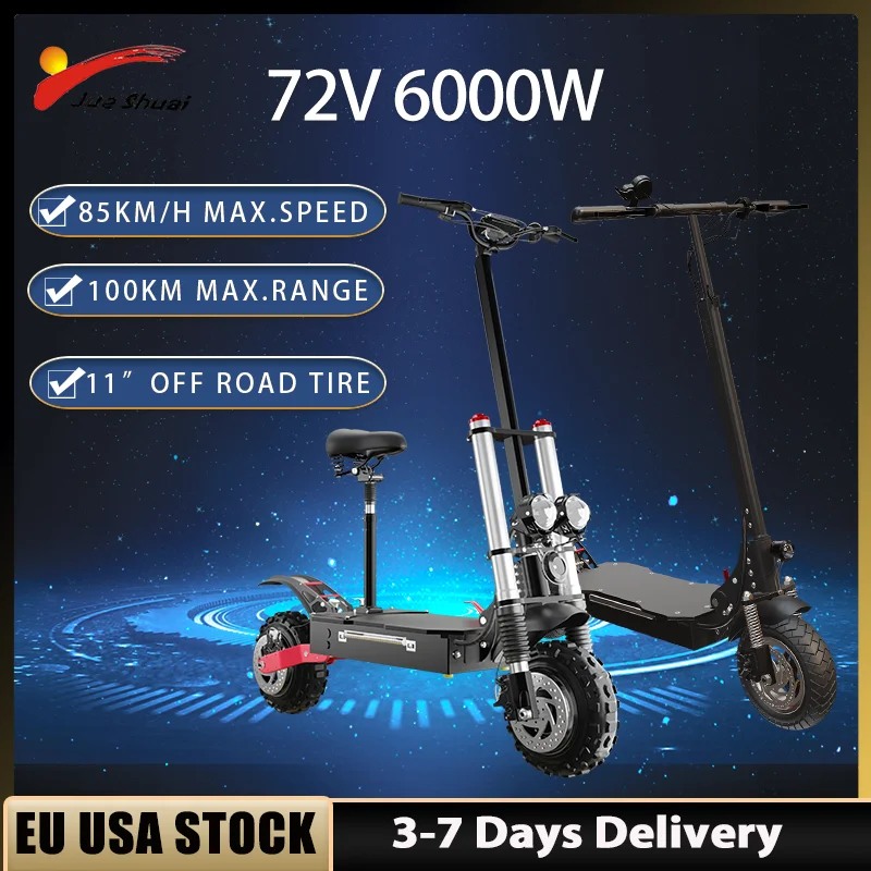 52V-72V 6000W Strong Motor Electric Scooter 85KM/H Maximum Speed Foldable E Scooter Dual Shock Apsorption for Adults