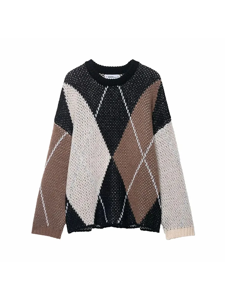 

Женская осень-зима 2021, новая уличная одежда, винтажные вязаные топы с длинными рукавами, повседневные свитера с бриллиантами, вязаный пуловер с круглым вырезом