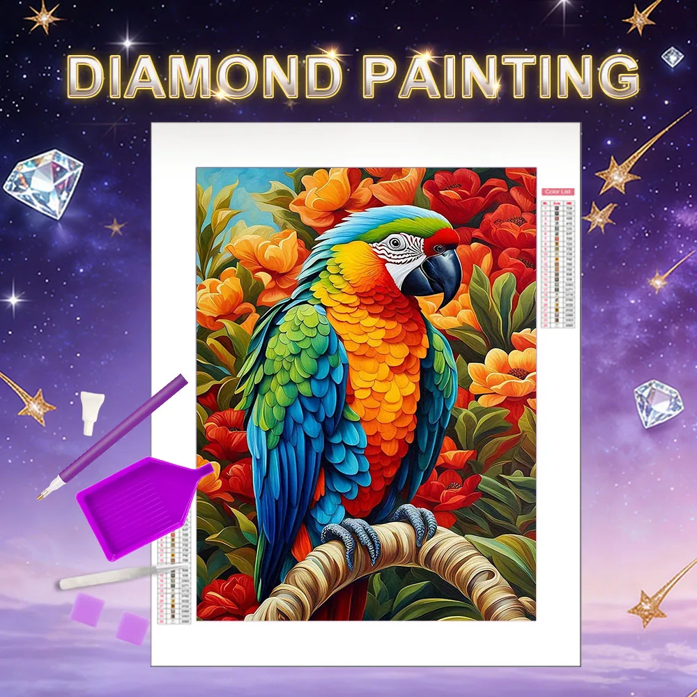 HUACAN Diamond Painting Parrot Animal Full Drill Diamond Mosaic Bird Flower Wall Decoration Square Round Drill Handmade