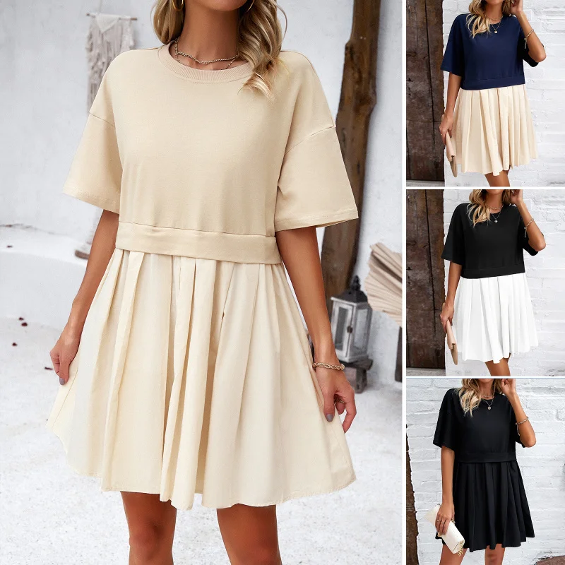 

Short Sleeved Patchwork Dress, Elegant Temperament