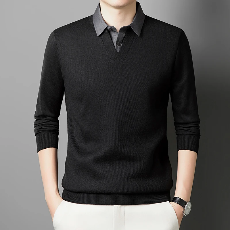 

Утолщенный мужской свитер на флисовой подкладке с воротником-сорочкой, искусственный дизайн из двух частей, зимняя теплая водолазка, вязаный шерстяной свитер
