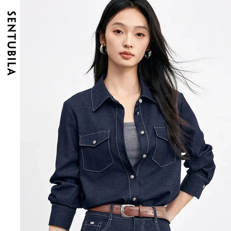 

SENTUBILA Women's Casual Shirts 2025 Autumn Loose Bright Line Denim Shirts Streetwear Office Lady Long Sleeved Tops 153CA2323