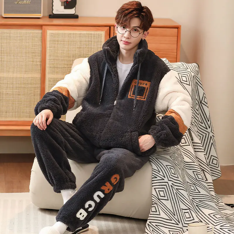 Coral Velvet Pajamas for Men Fall/Winter Thick Winter Teen Winter Flannel College Furry Homewear Can Be Worn Outside Sleepwear