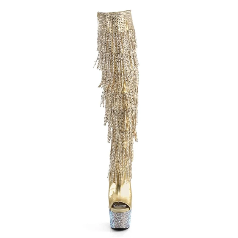 Gold Gothic Stripper Heels Over The Knee Boots 7Inch Fringe Rhinestone High Heels Exotic Dancer 17cm Over The Knee Boots Catwalk