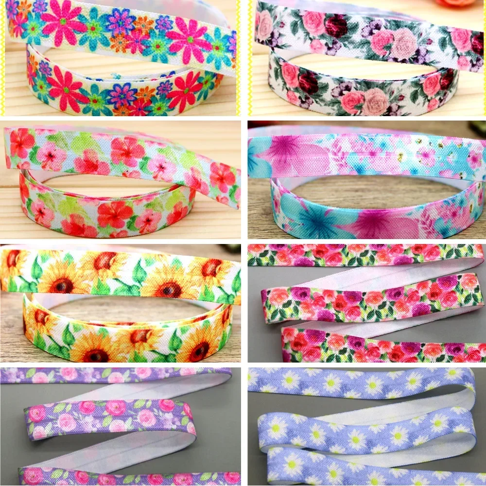 5/8'' 5yards Cherry Beautiful flowers Printed Fold Elastic FOE Stretch Ribbon Decorations Craft DIY Sewing E21940