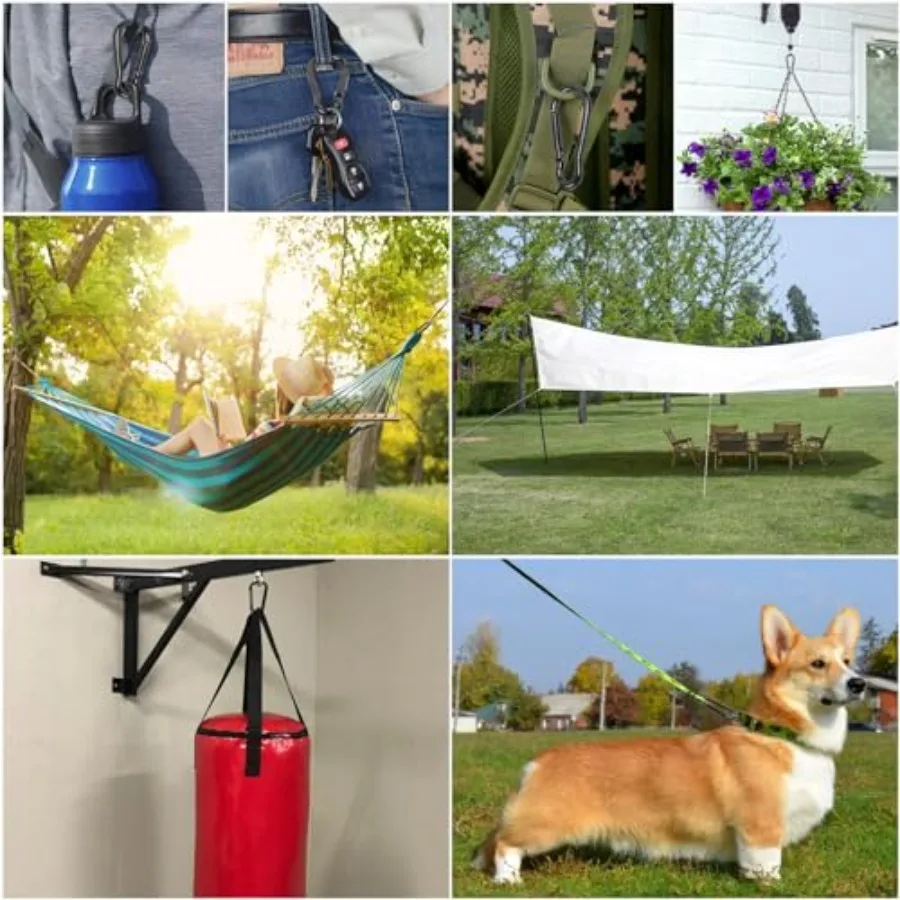 مشبك حلقة تسلق شديد التحمل من [العلامة التجارية] مجموعة مكونة من 850 رطلًا مكونة من 3 قطع: على شكل حرف D + طقم مكون من قطعتين على شكل قرع مكون من 6 حلقات مفاتيح خطافات زنبركية باللون الأسود للخارج