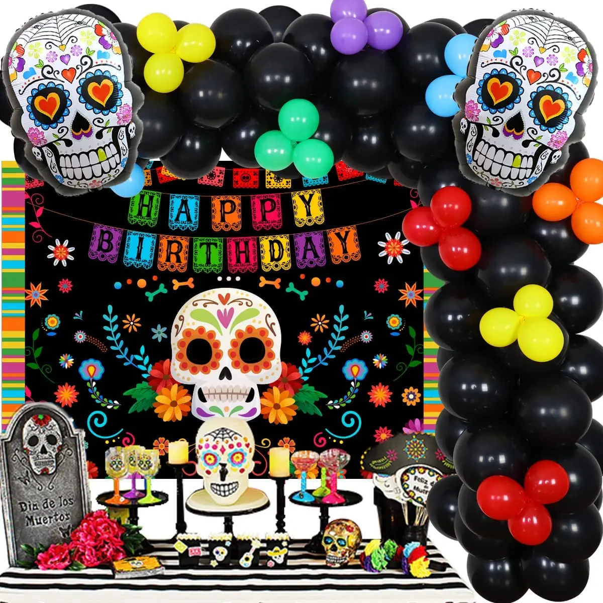 

Funmemoir Day of The Dead Birthday Decorations Dia De Los Muertos Balloon Garland Kit Backdrop Mexican Halloween Party Supplies