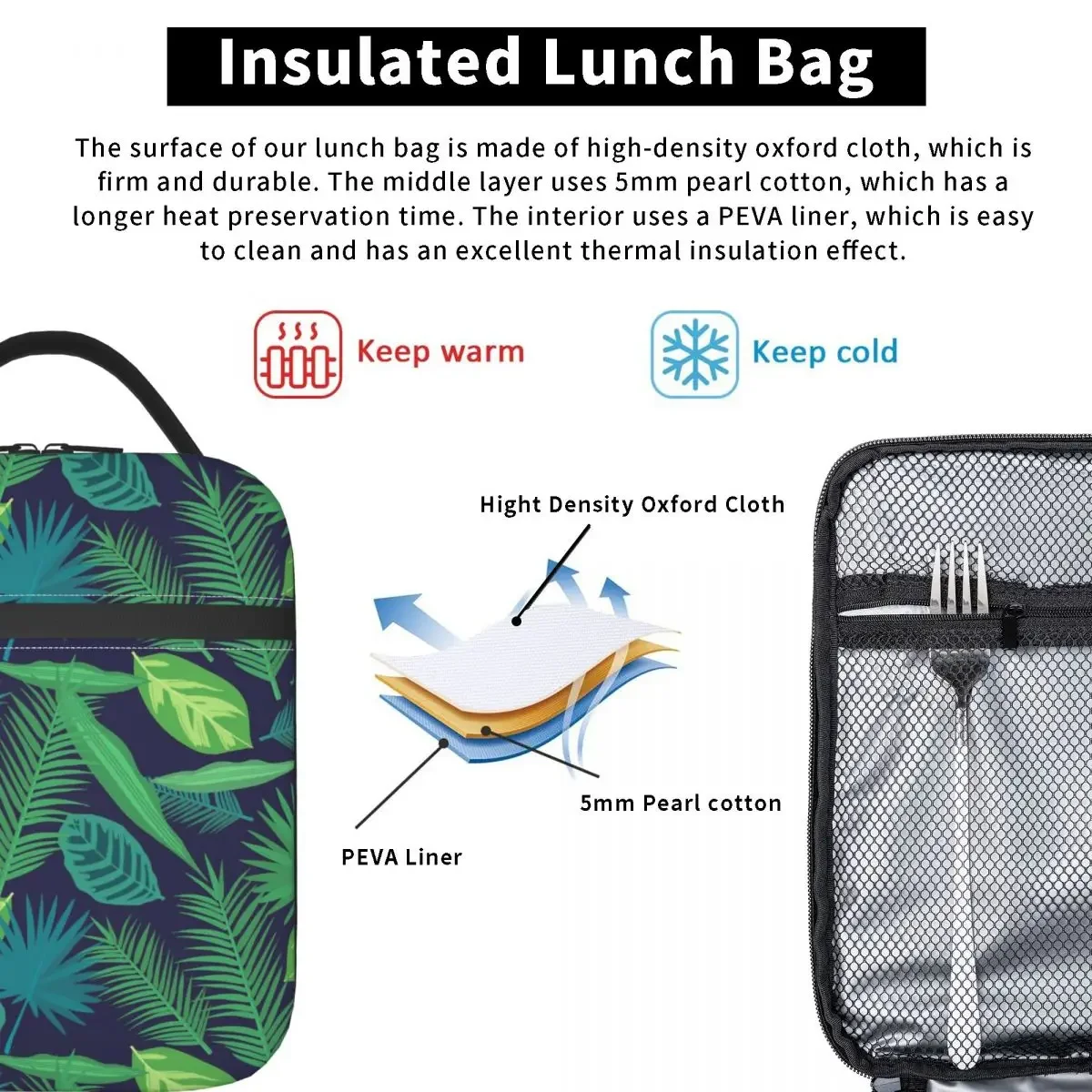 Saco do almoço da impressão da folha da planta, Lancheira Tropical Palm Leisure, Escola Infantil Conveniente Saco Refrigerador, Oxford Thermal Tote Handbags