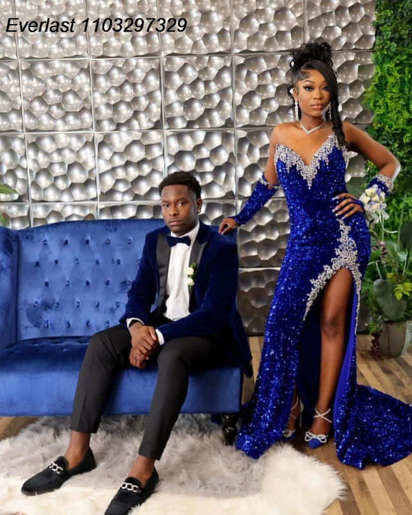 EVLAST Customized Royal Blue Sequins Mermaid Prom Dress For Black Girls High Slit Silver Diamonds Beaded Party Gown TPD92