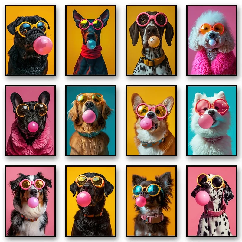 (2D Canvas painting) Animals Funny Prints Dog Colorful Bubblegum Sunglasses Poster Samoyed French Bulldog Canvas Painting Wal