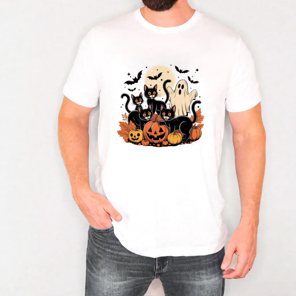 

Модные футболки с рисунком Ghost Cat Pumpkin на Хэллоуин для мужчин, модные трендовые футболки с принтом черного кота, забавные футболки для жуткого сезона, топы
